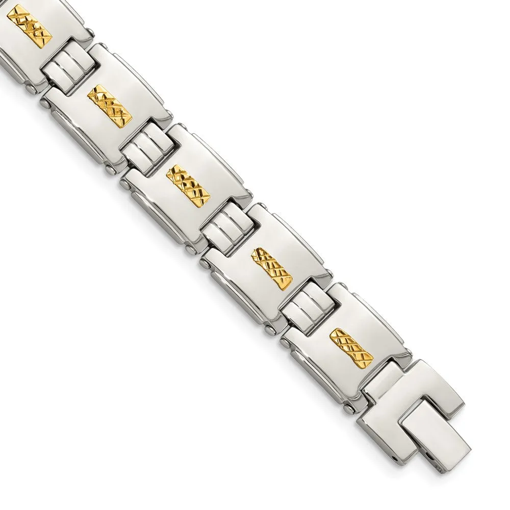 12.5mm Stainless Steel & 14K Yellow Gold Inlay Link Bracelet, 8 Inch