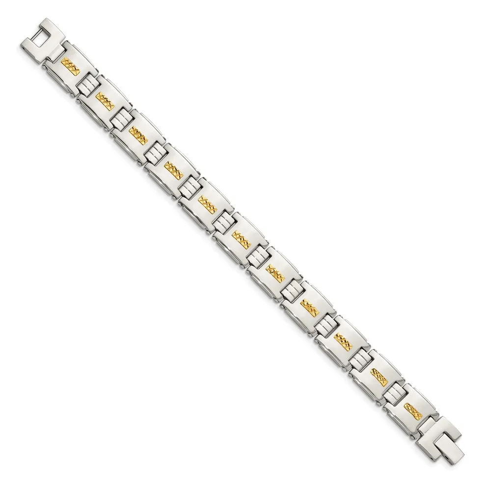 12.5mm Stainless Steel & 14K Yellow Gold Inlay Link Bracelet, 8 Inch