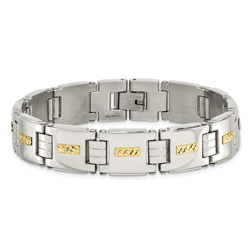 12.5mm Stainless Steel & 14K Yellow Gold Inlay Link Bracelet, 8 Inch