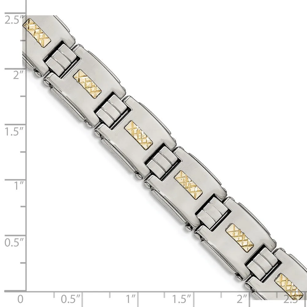 12.5mm Stainless Steel & 14K Yellow Gold Inlay Link Bracelet, 8 Inch