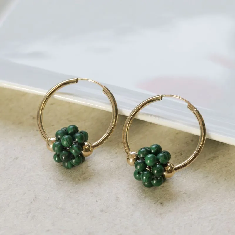 14K Gold Hoop Earrings with Malachite Beads