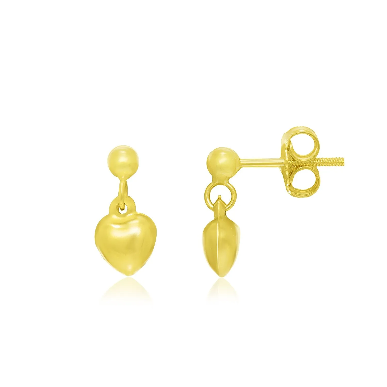 14k Yellow Gold Puffed Heart Children's Dangling Earrings-rx30786