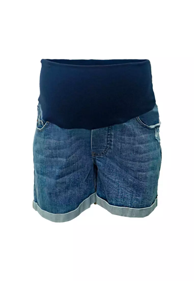 9months Maternity Mid Blue Maternity Full Panel Denim Shorts