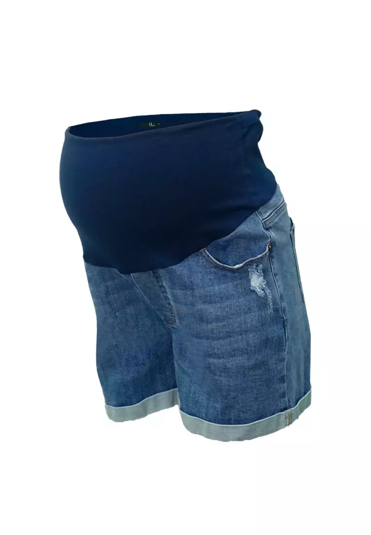 9months Maternity Mid Blue Maternity Full Panel Denim Shorts