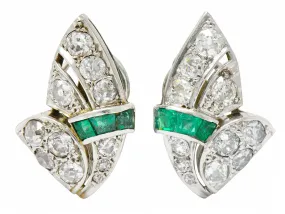 Art Deco 3.50 CTW Diamond Emerald Platinum Fanned Earrings