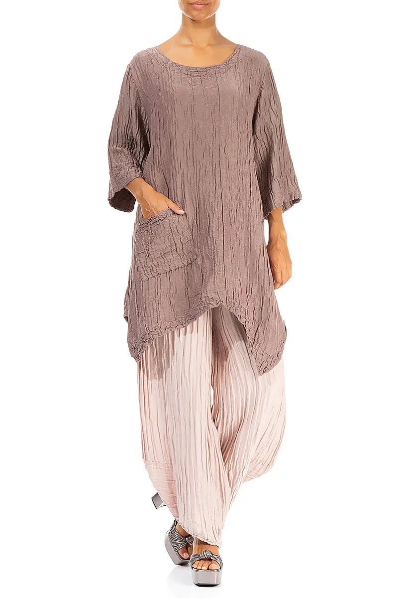 Asymmetric Crinkled Light Cocoa Silk Linen Tunic