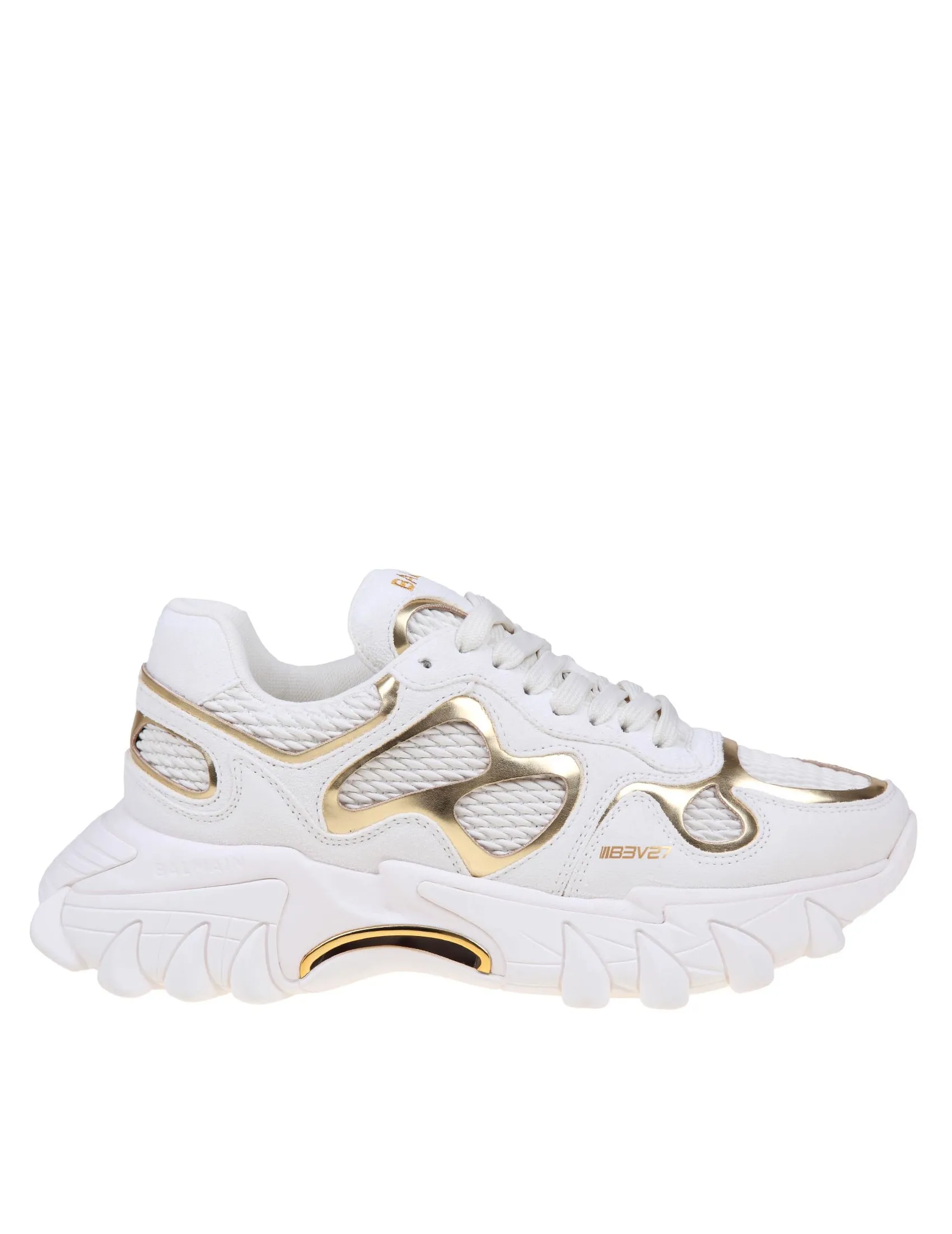 BALMAIN B-EAST SNEAKERS IN WHITE AND GOLD SUEDE AND LEATHER