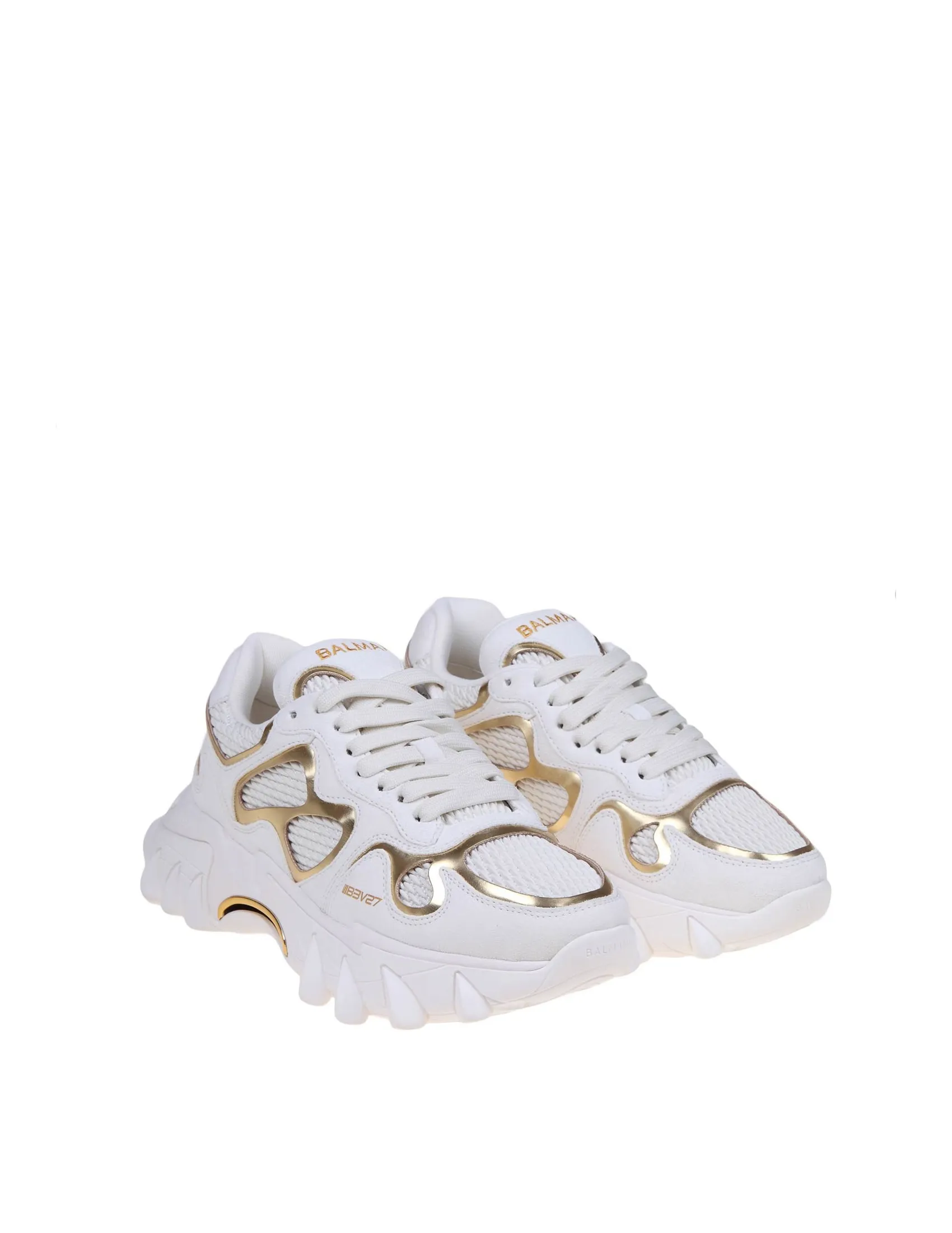 BALMAIN B-EAST SNEAKERS IN WHITE AND GOLD SUEDE AND LEATHER