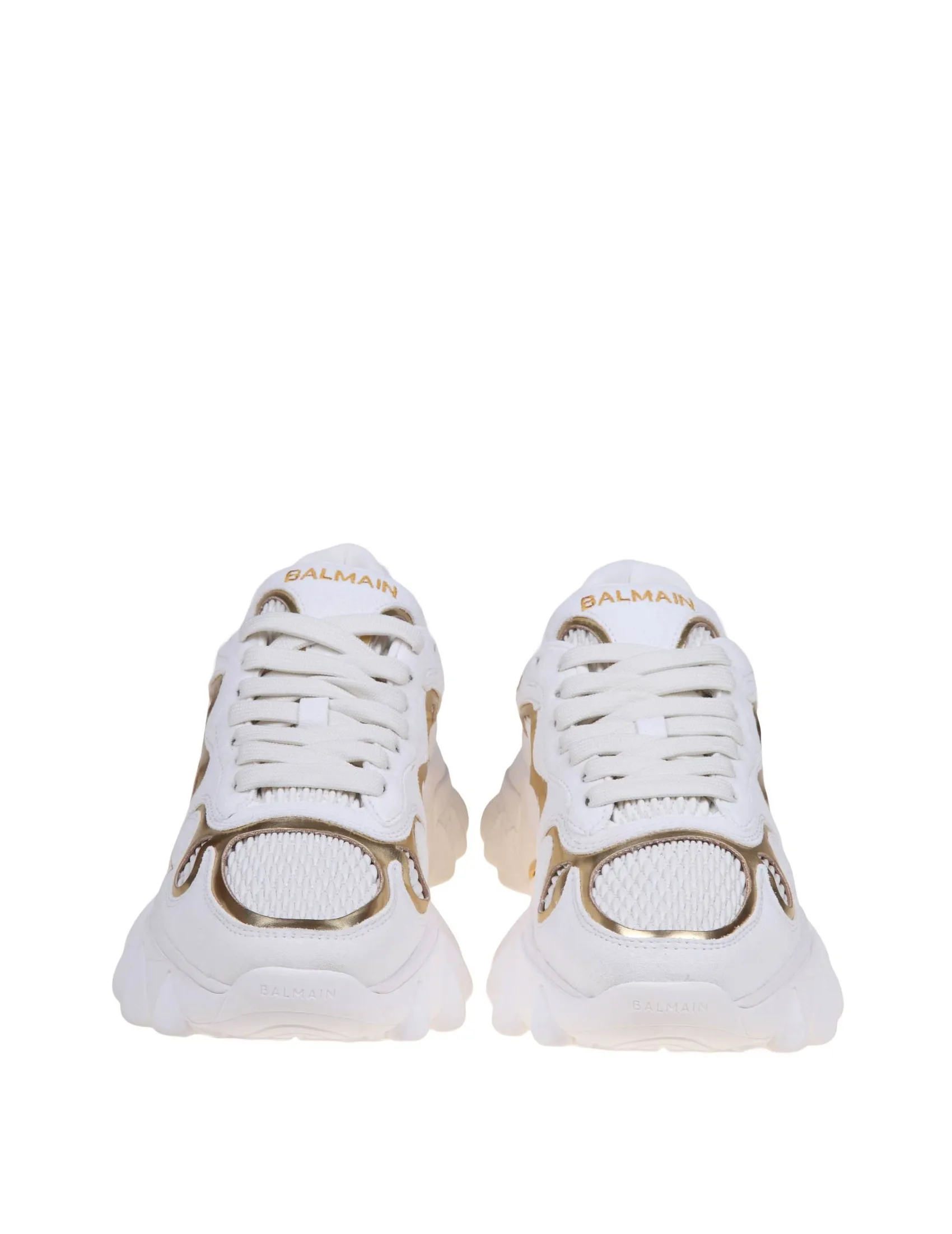 BALMAIN B-EAST SNEAKERS IN WHITE AND GOLD SUEDE AND LEATHER