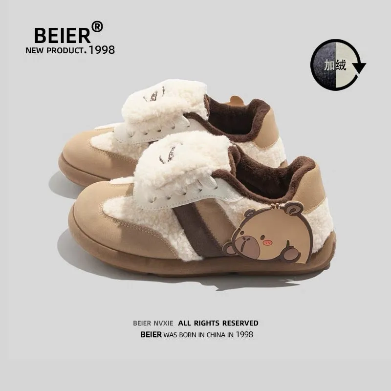 BEIER niche original plush cotton shoes cute and versatile women's shoes 2024 winter new casual puff fur shoes