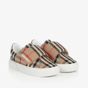 Beige Check Canvas Velcro Trainers