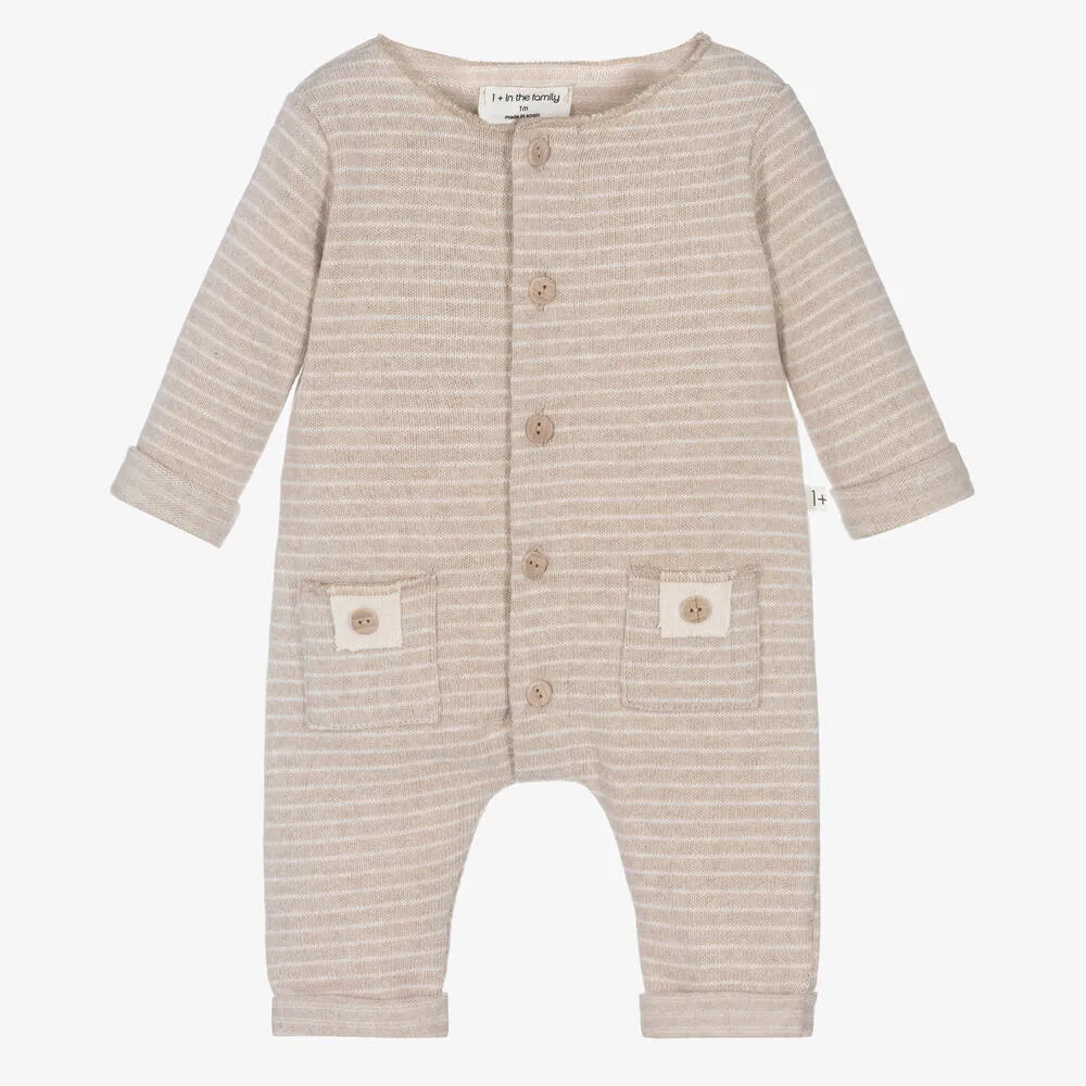 Beige Striped Cotton Knit Romper