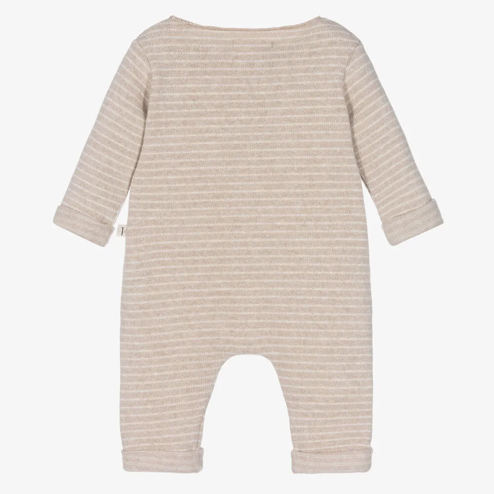 Beige Striped Cotton Knit Romper