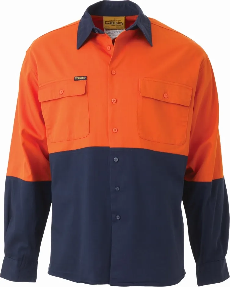 Bisley Workwear BS6267 Hi-Visibility Long Sleeve Shirt - Drill - Cotton - Orange/Navy - XS