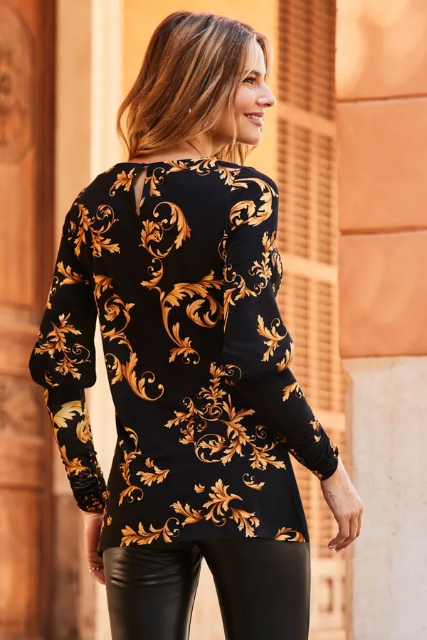 Black & Gold Baroque Print Balloon Sleeve Tunic Top