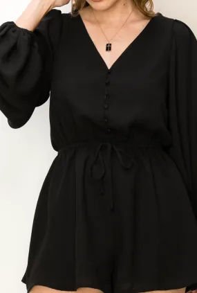 Black Bell Sleeve Button Tie Waist Romper