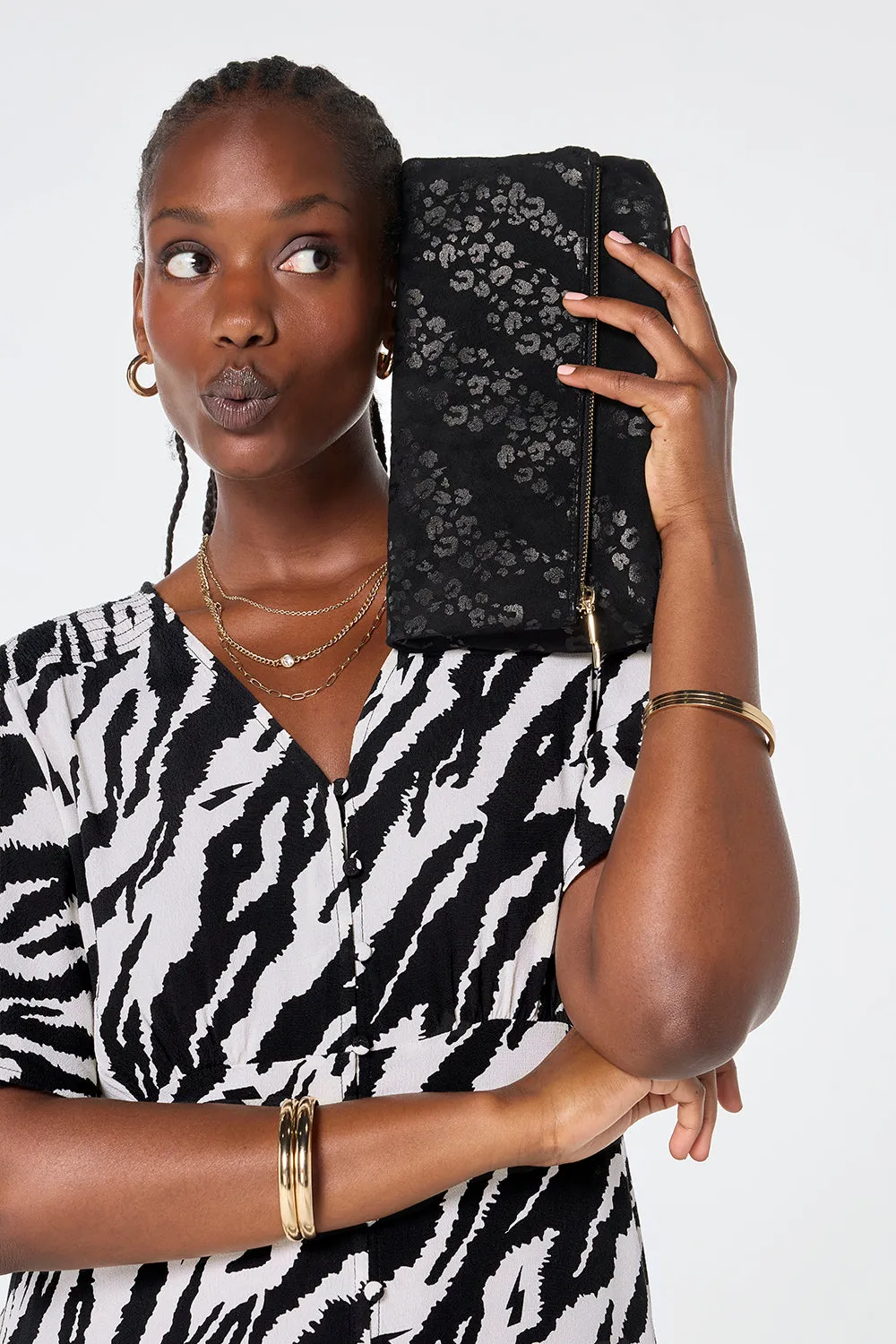 Black Leopard Faux Suede Cross Body Bag