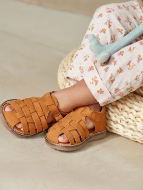 Closed-Toe Leather Sandals for Babies - beige dark solid