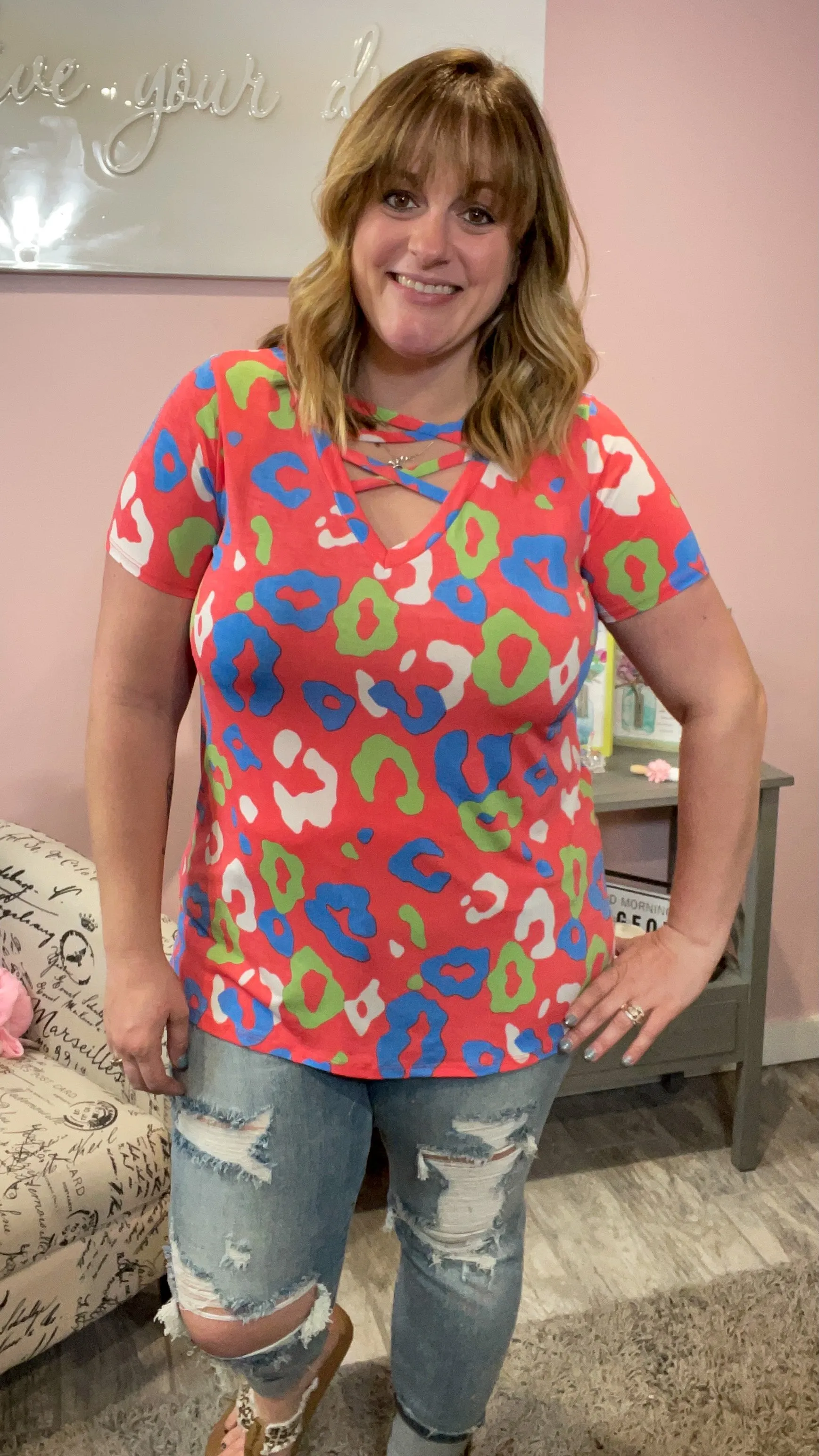 Coral Leopard Tunic with Criss Cross Detail