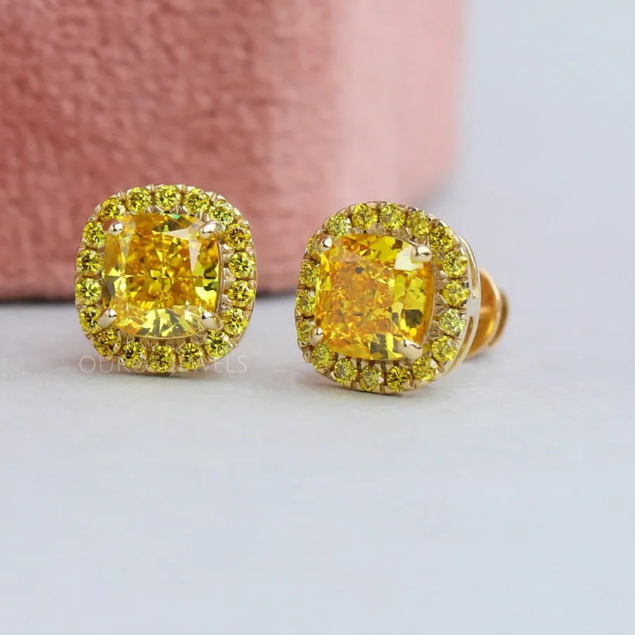 Cushion Cut Yellow Diamond Halo Stud Earrings