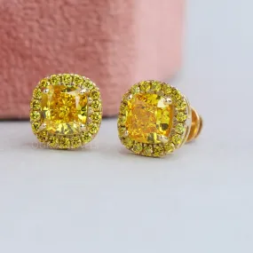 Cushion Cut Yellow Diamond Halo Stud Earrings