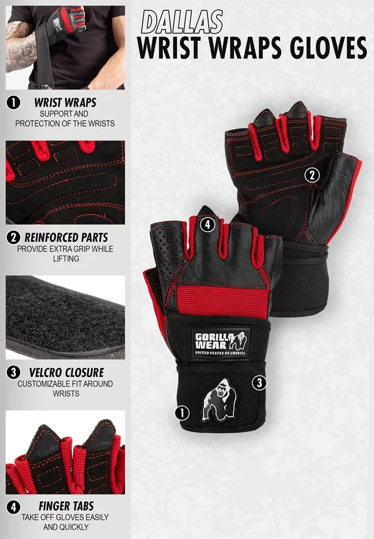 Dallas Wrist Wraps Gloves - Black/Red - S Gorilla Wear