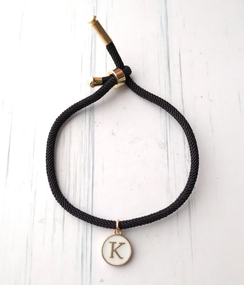 Dani Black with White Initials Corded Slider Bracelet