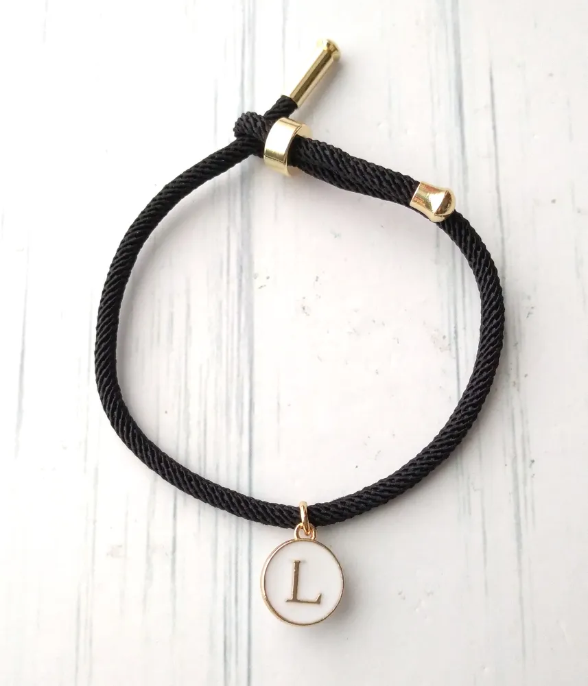 Dani Black with White Initials Corded Slider Bracelet