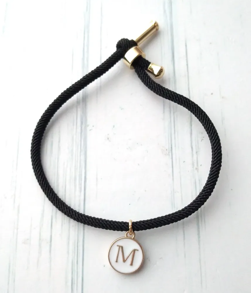 Dani Black with White Initials Corded Slider Bracelet