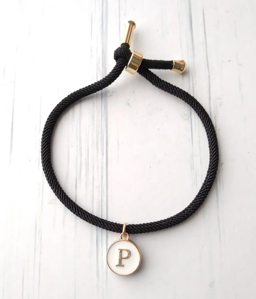 Dani Black with White Initials Corded Slider Bracelet