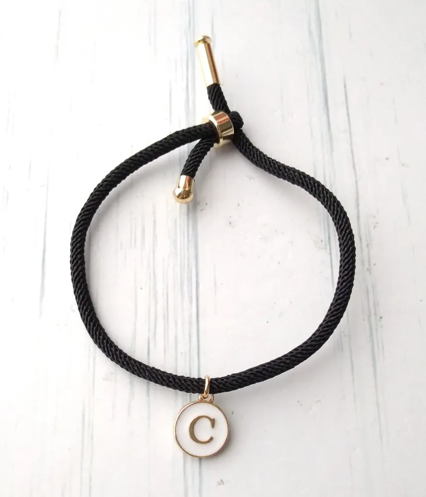 Dani Black with White Initials Corded Slider Bracelet