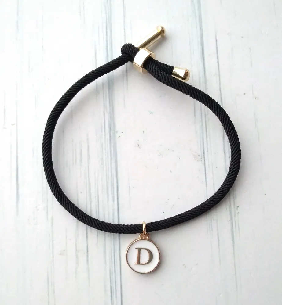 Dani Black with White Initials Corded Slider Bracelet