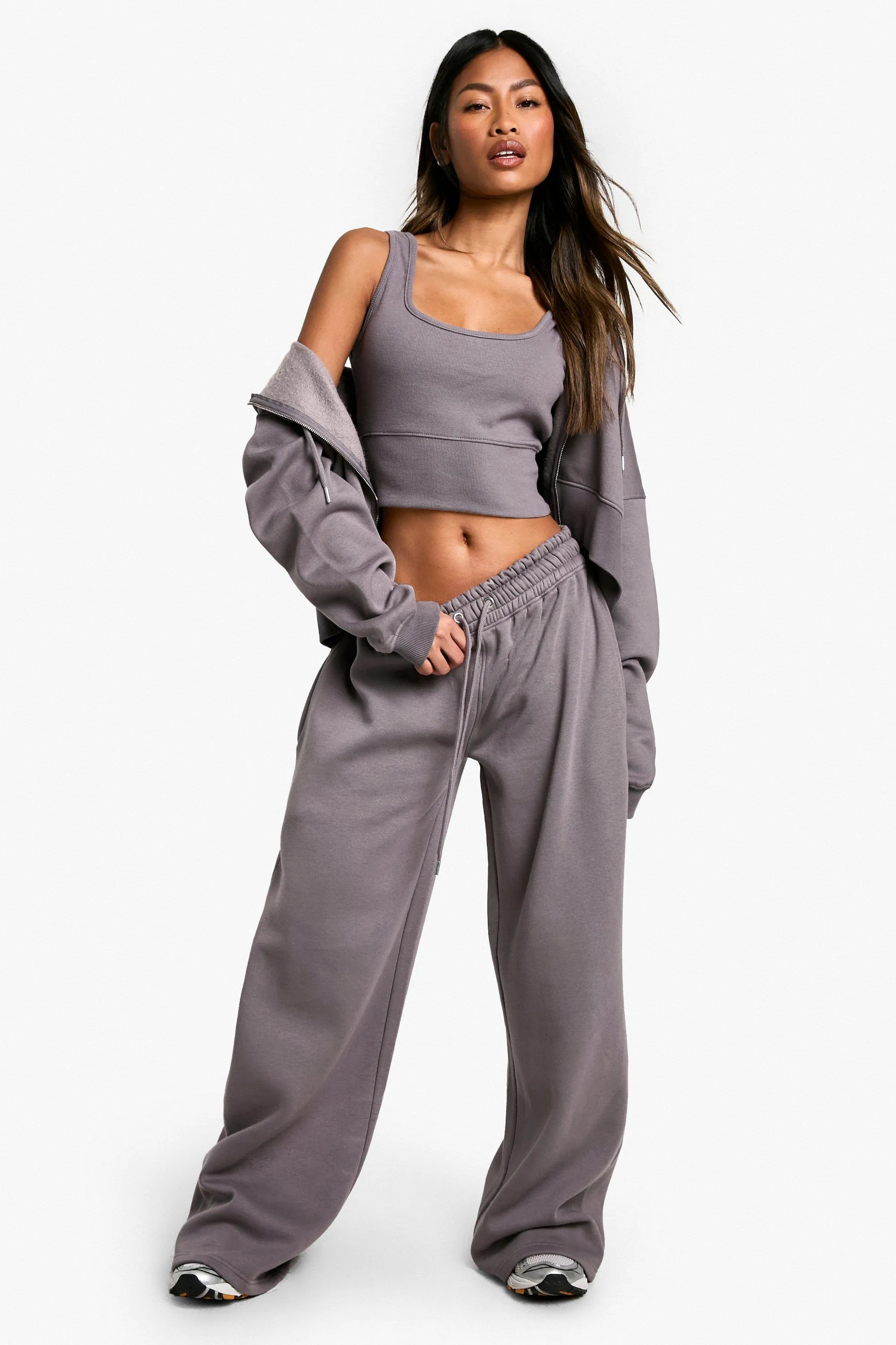 Deep Hem Crop Top 3 Piece Hooded Tracksuit