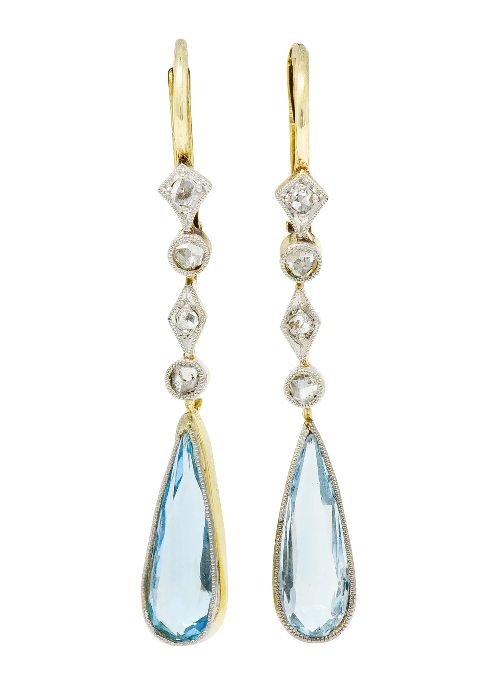 Edwardian Aquamarine Diamond Platinum-Topped Gold Drop Earrings