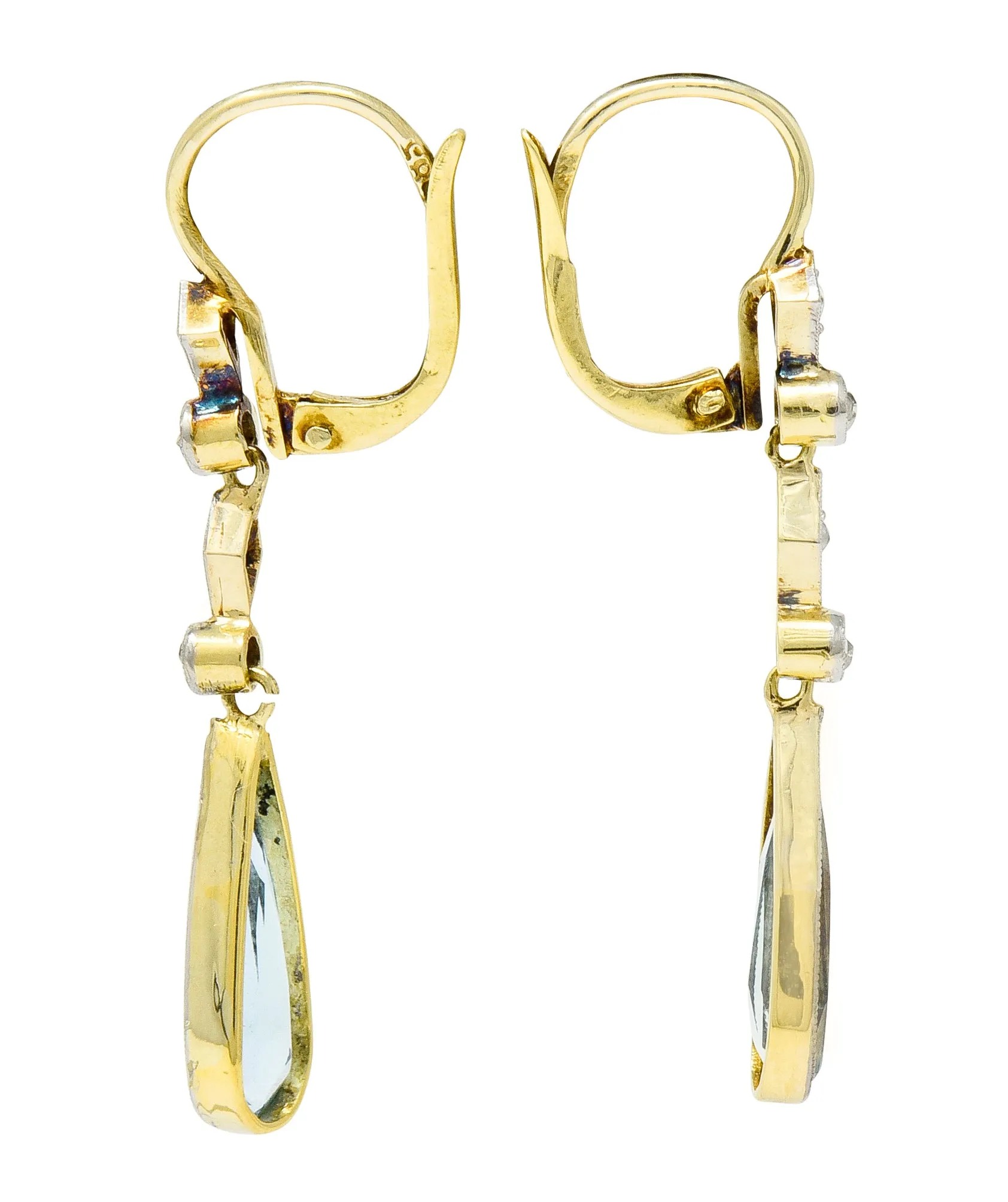 Edwardian Aquamarine Diamond Platinum-Topped Gold Drop Earrings