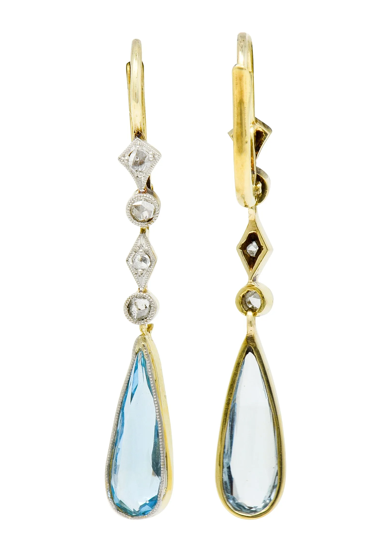 Edwardian Aquamarine Diamond Platinum-Topped Gold Drop Earrings