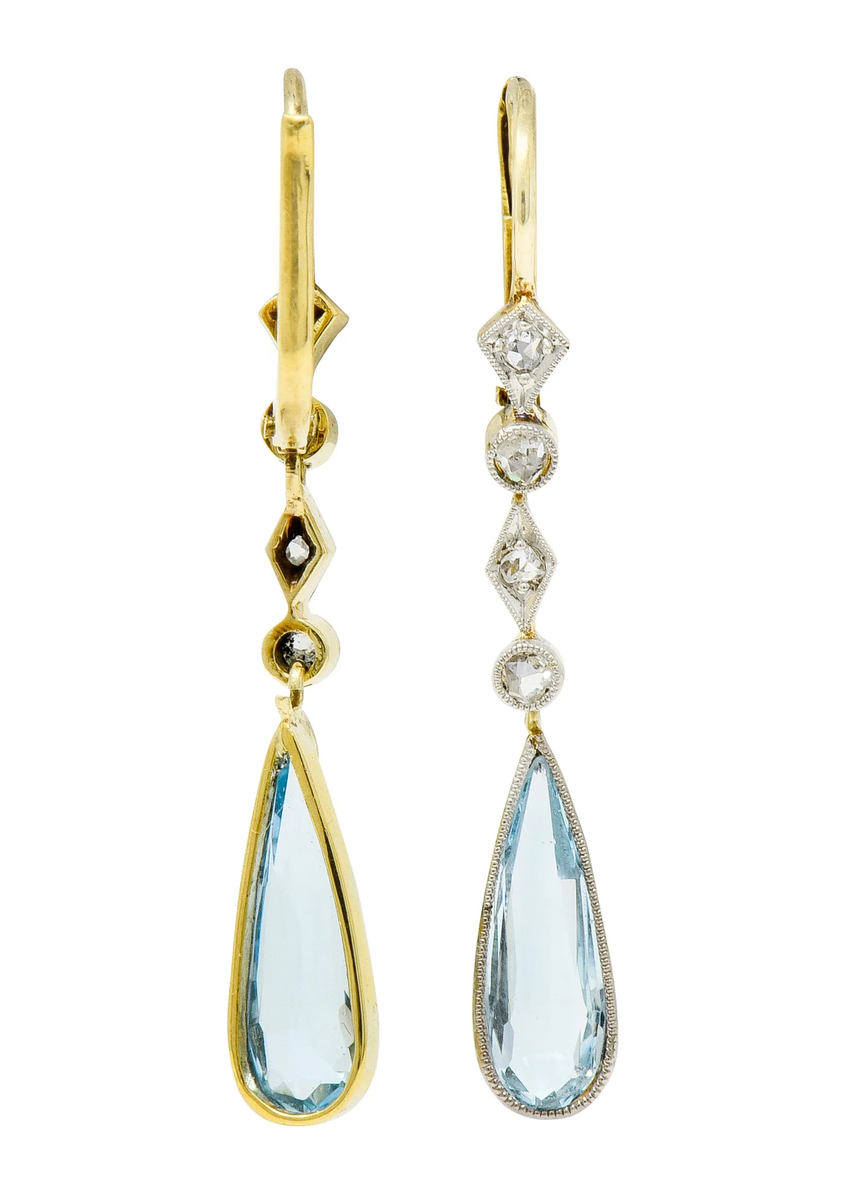 Edwardian Aquamarine Diamond Platinum-Topped Gold Drop Earrings