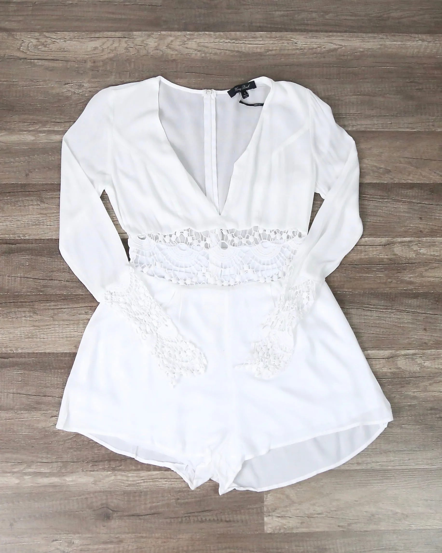 FINAL SALE - Honey Punch - Sheer Crochet Long Sleeve Romper in Ivory