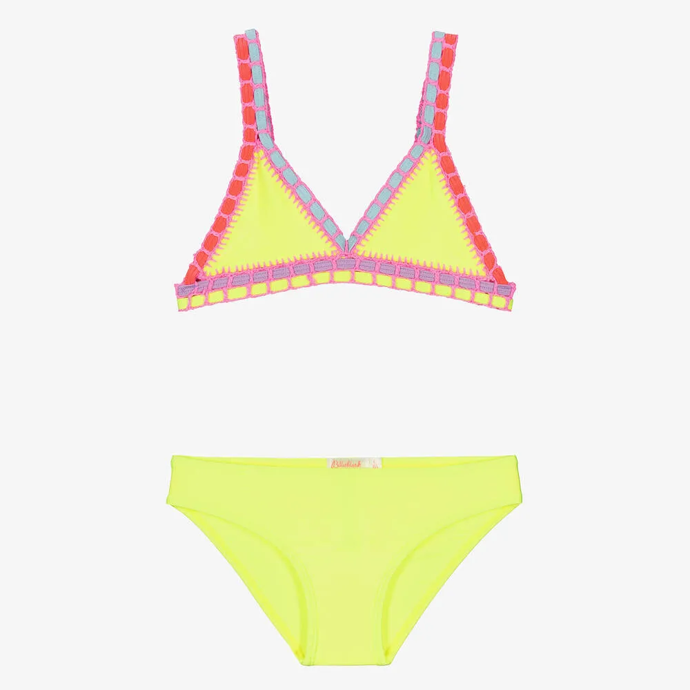 Girls Neon Yellow Crochet Trim Bikini