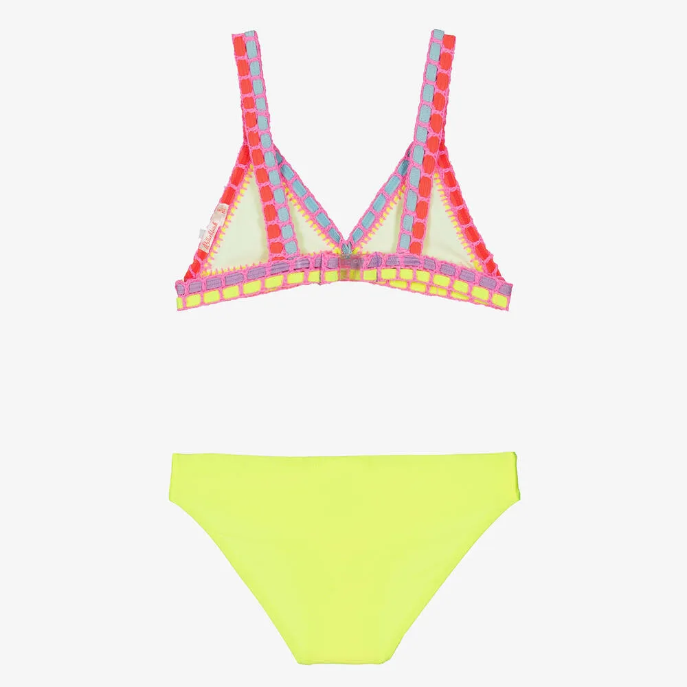 Girls Neon Yellow Crochet Trim Bikini