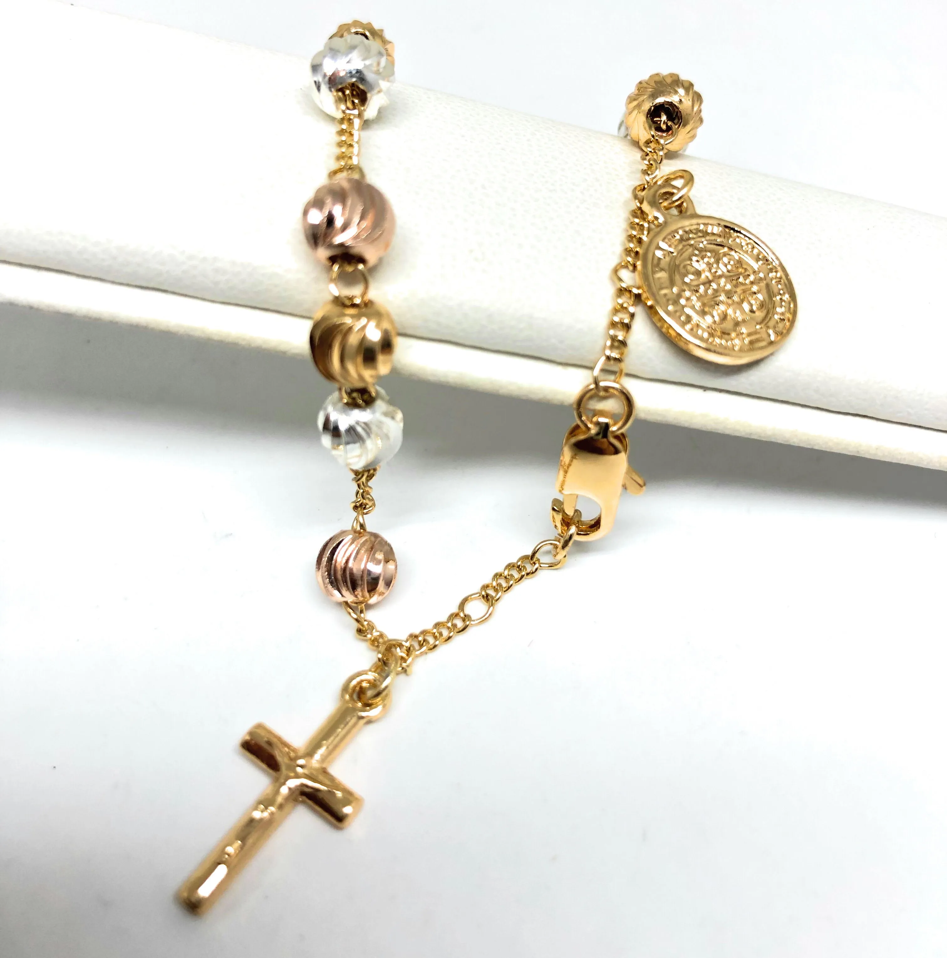 Gold Plated Tri-Color Saint Benedict Bracelet San Benito Pulsera Tres Colores 8”