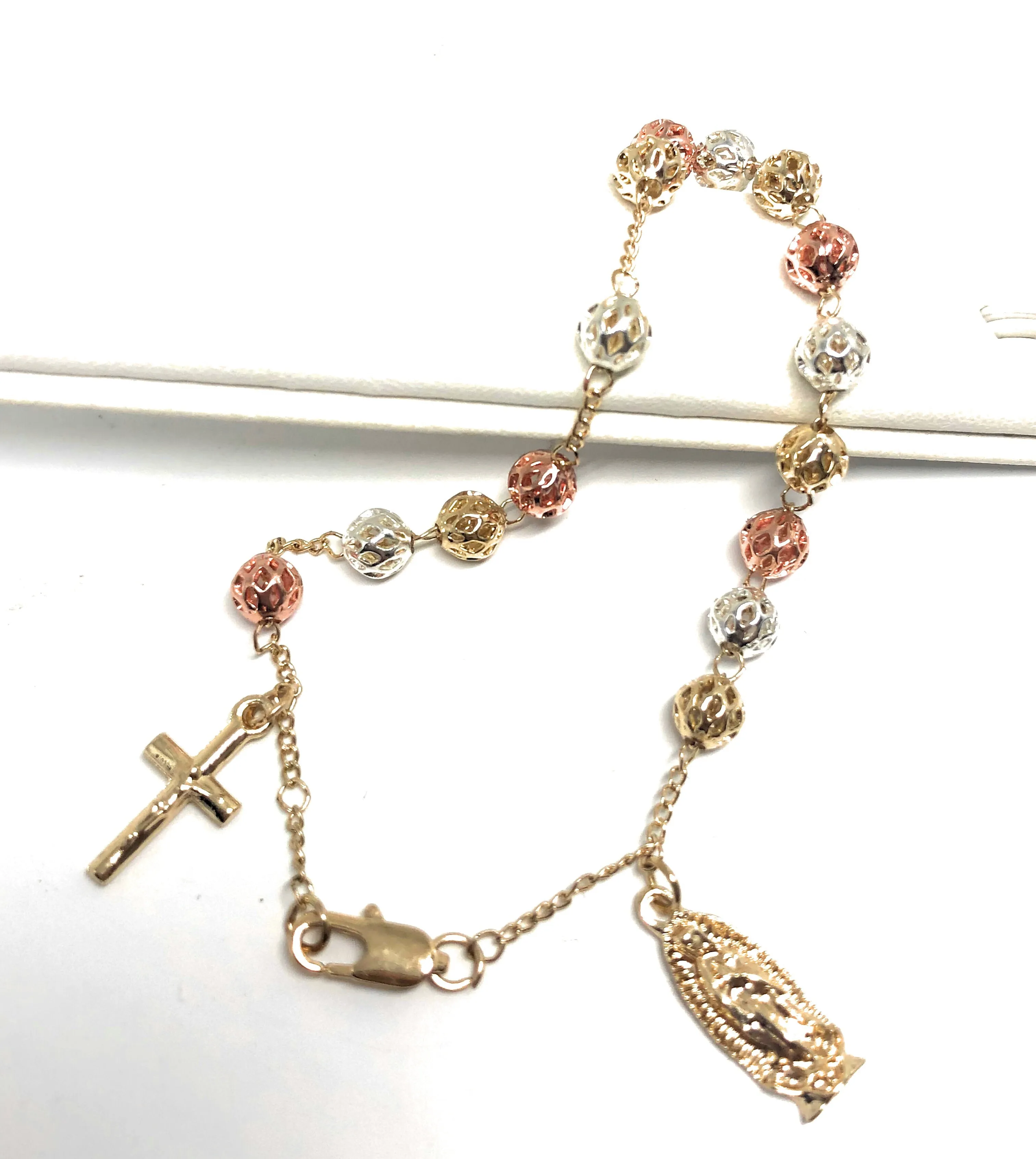 Gold Plated Tri-Color Virgin Mary Bracelet Virgen De Guadalupe Pulsera Tres Colores 8”