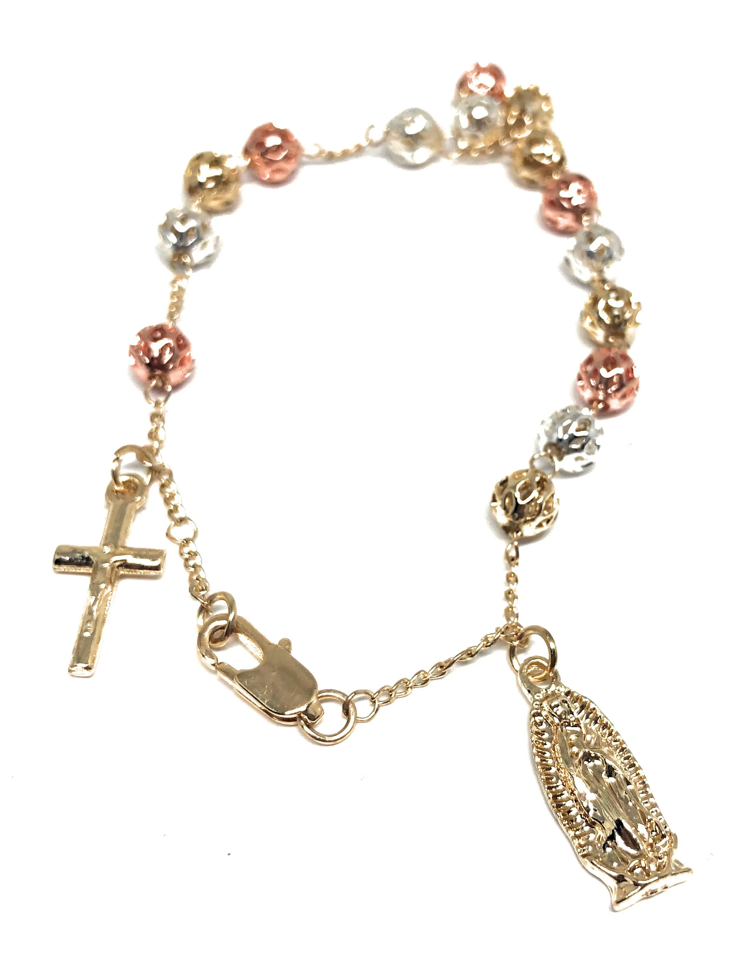 Gold Plated Tri-Color Virgin Mary Bracelet Virgen De Guadalupe Pulsera Tres Colores 8”