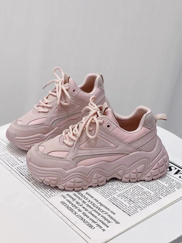 Hong Kong style thick-soled dad shoes for women 2023 spring new breathable height-increasing single shoes pink soft-soled casual