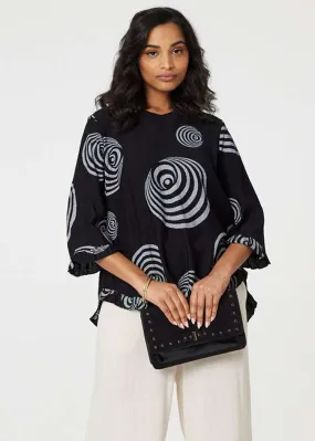 Izabel London Black Abstract Print Frill Hem Tunic Top