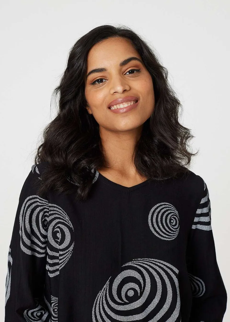 Izabel London Black Abstract Print Frill Hem Tunic Top