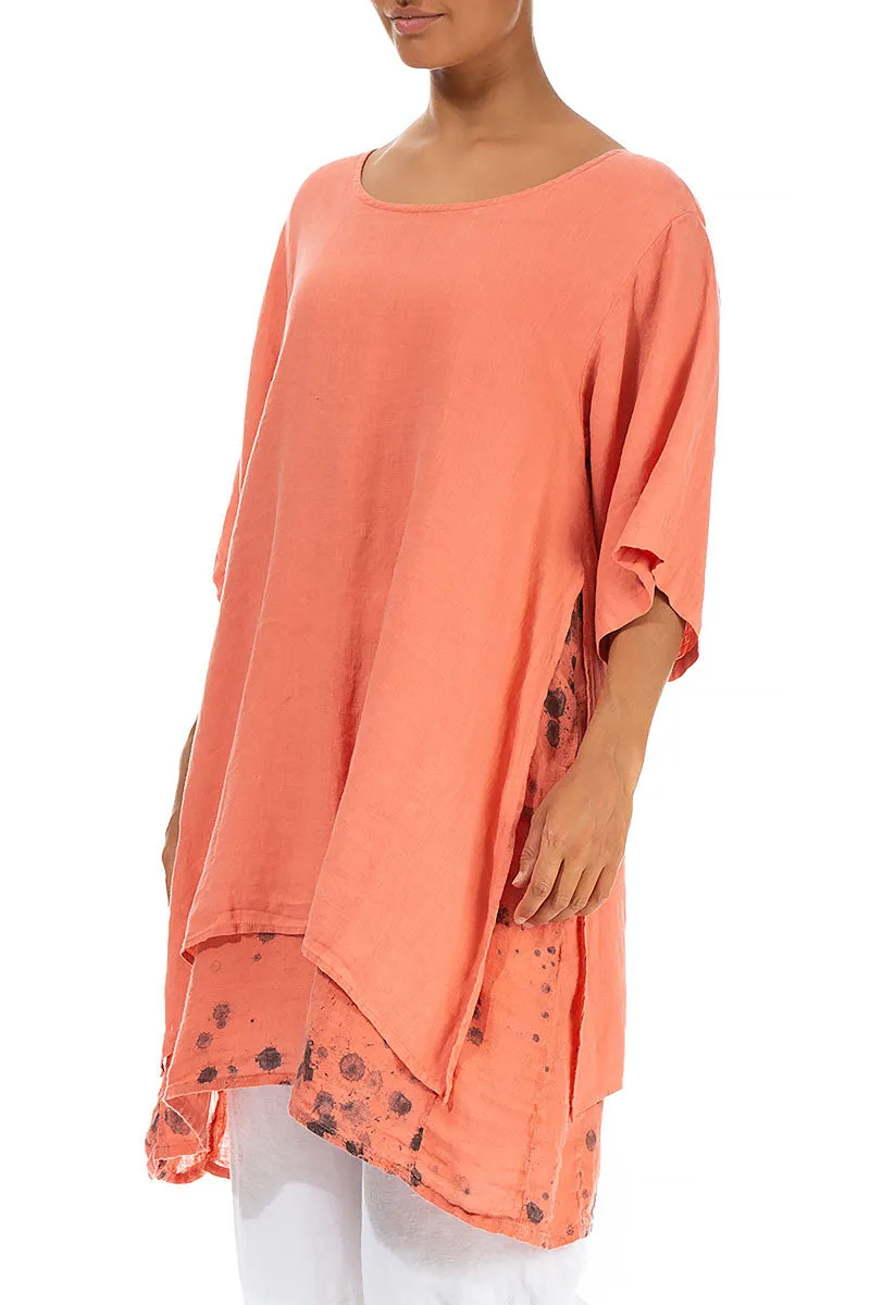 Layered Printed Coral Linen Tunic