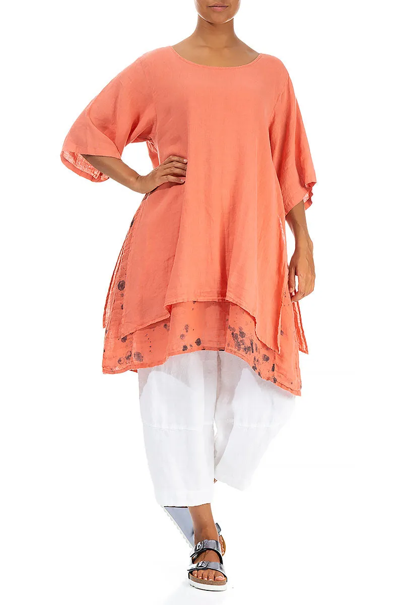 Layered Printed Coral Linen Tunic