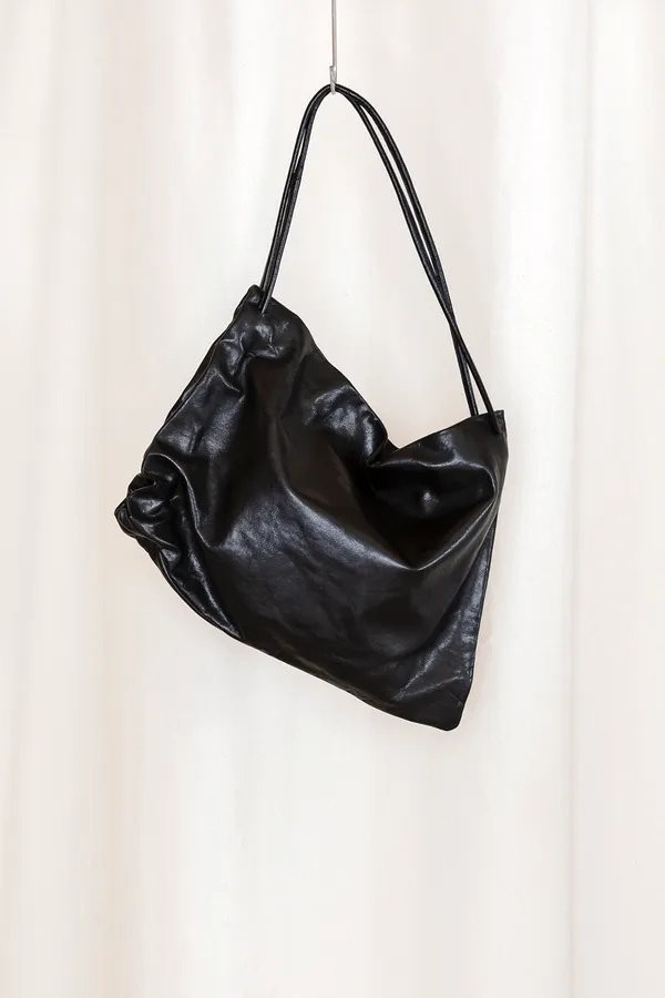 Leather Gathered Crossed Bag - Black