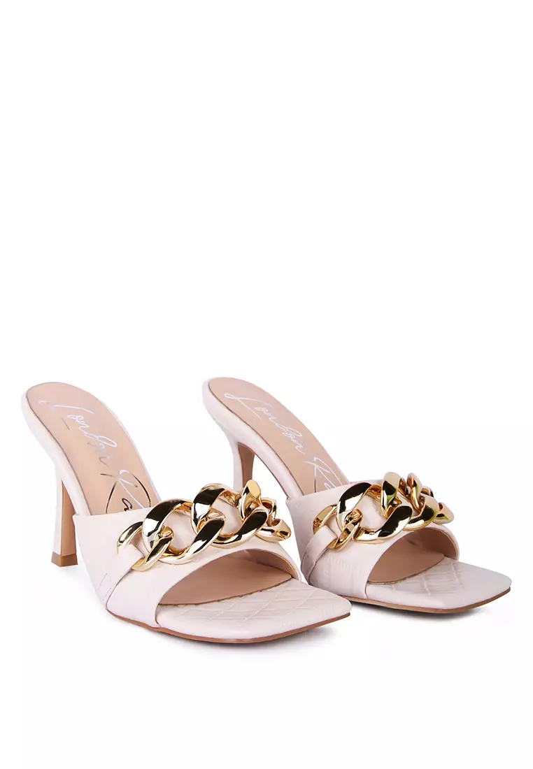 London Rag Latte Quilted Metal Chain Heeled Sandals